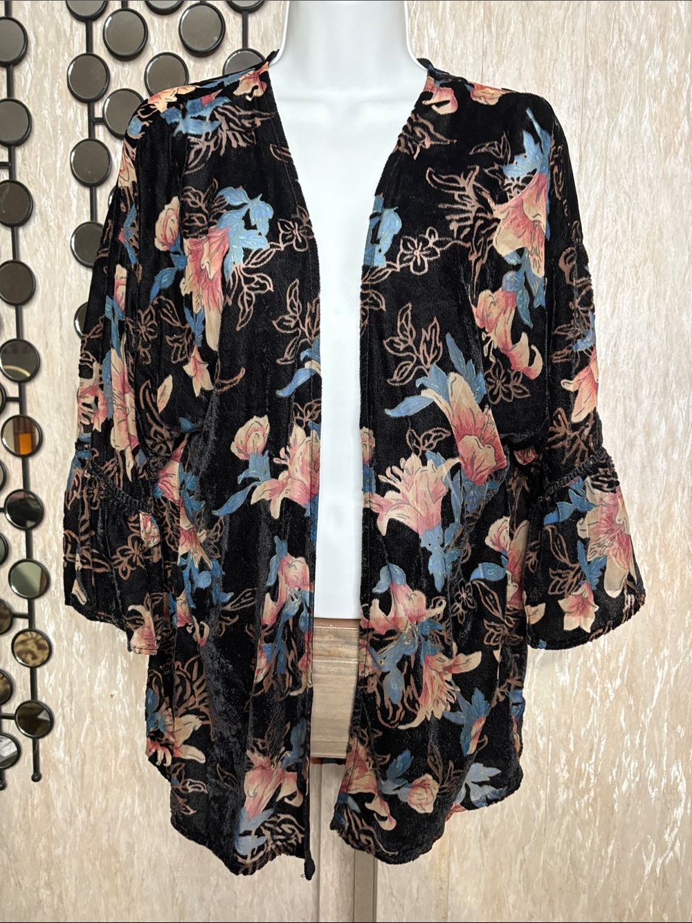 Daytrip Black Velvet Floral Bell Sleeve Topper with Pink & Blue Blooms